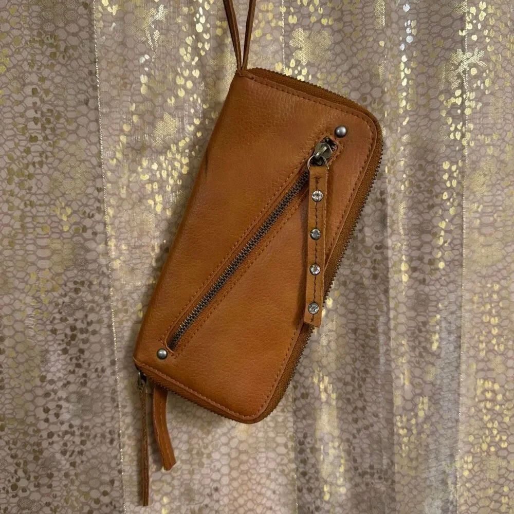 Free People Cognac Brown Boho Vegan Faux Leather Zip Wallet Wristlet